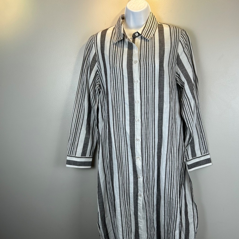 Chicos Striped Linen Cotton Swim Cover Up Shirt Dress Grey White Size 1P Medium